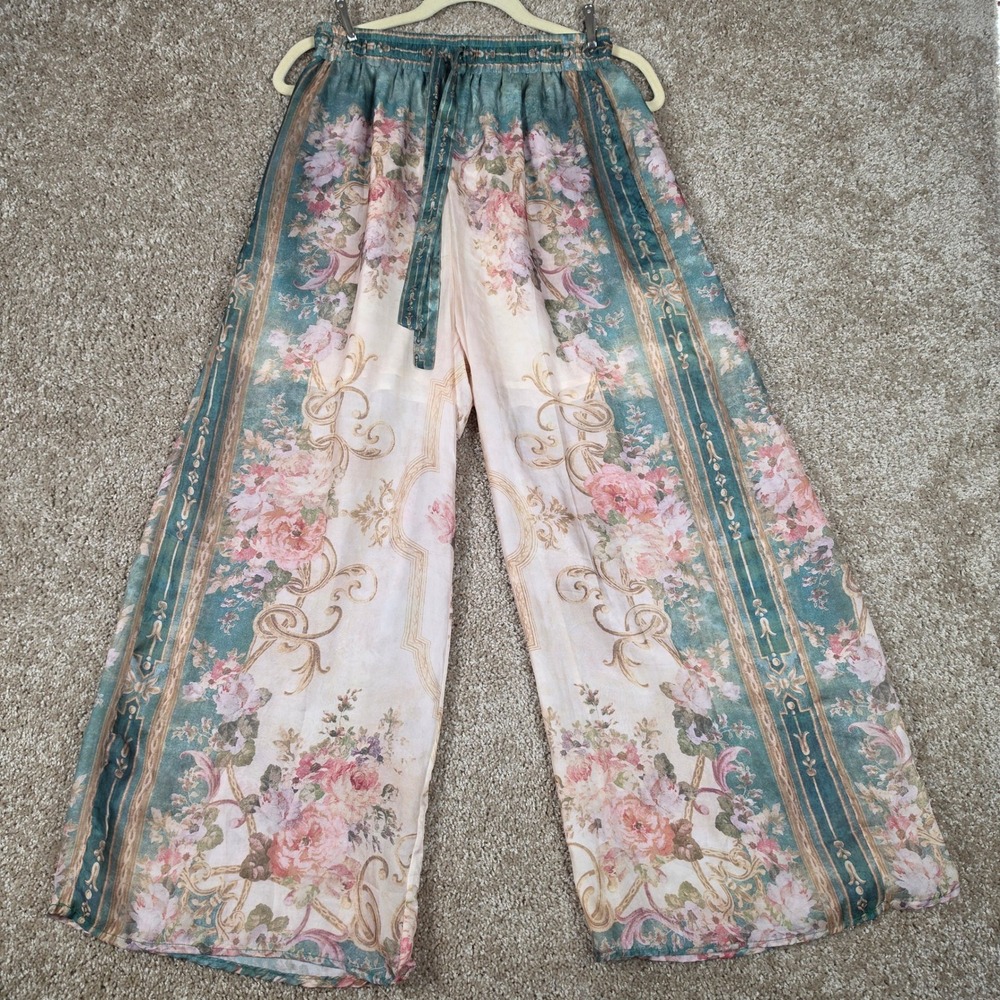 Womens Floral Baroque Wide Leg Palazzo Pants Teal Pink Romantic Boho Drawstring - Picture 2 of 9